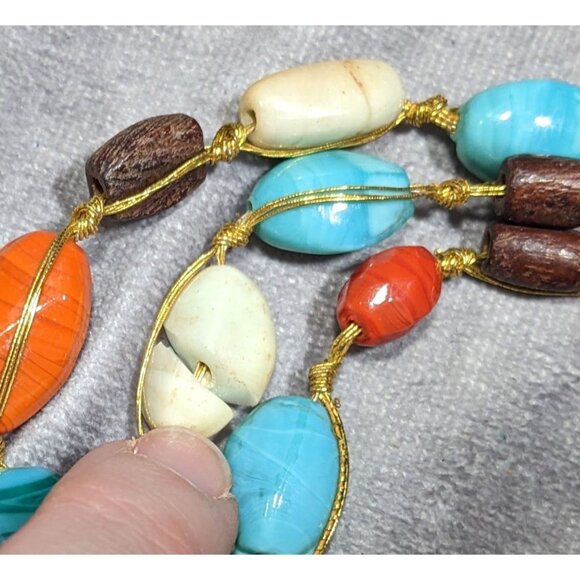 Bohemian Multilayer Blue And Orange Glass And Wood Beaded Necklace - Picture 10 of 10